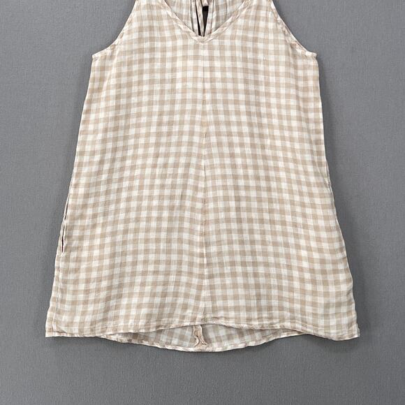 NOTPERFECTLINEN Linen Tunic Mini Dress Womens XS White Tan Gingham Check Strappy - Picture 7 of 14